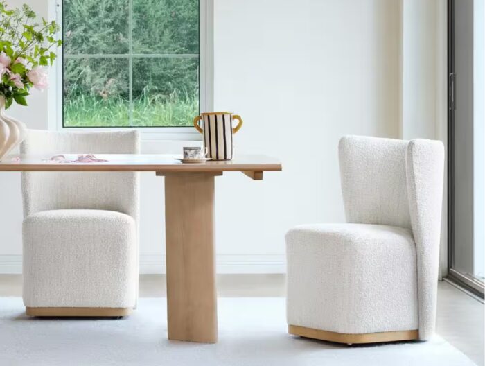 Lysandra White Fabric Modern Dining Chairs with Casters Base and Solid Wood Frame for Kitchen and Dining Room (Set of 2)
