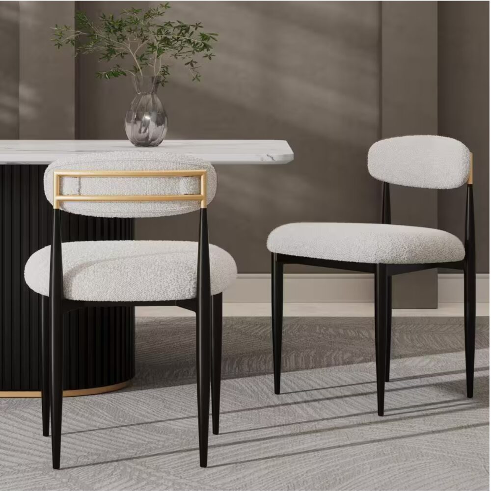 Modern White Boucle Upholstered Dining Chair Metal Frame Armless chair for Kitchen Restaurant (Set of 2)