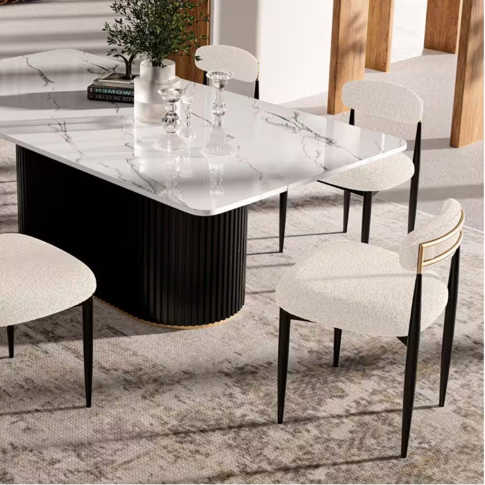 Modern White Boucle Upholstered Dining Chair Metal Frame Armless chair for Kitchen Restaurant (Set of 2) - Image 2