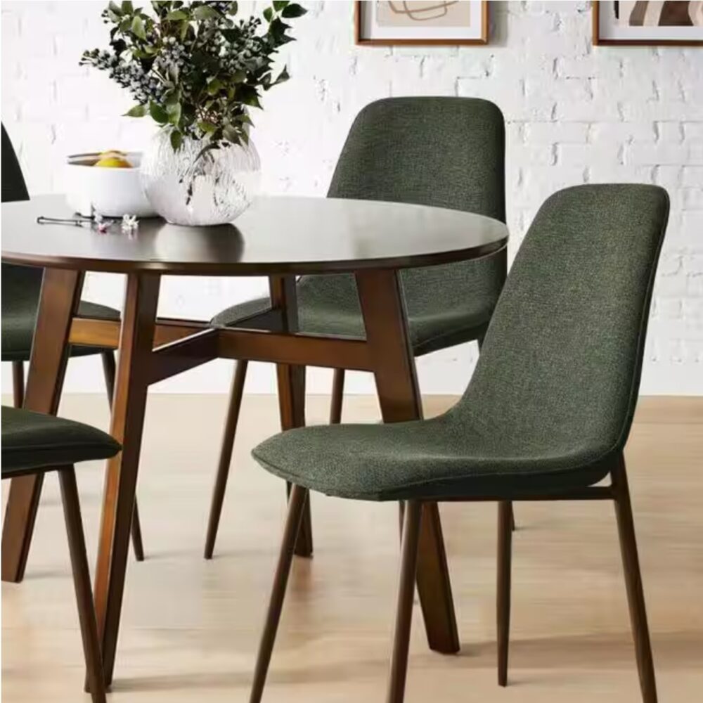 Green Upholstered Dining Chair with Walnut Metal Legs Set of 4 - Image 3
